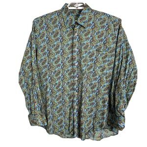 Alan Flusser Men's L Paisley Button‎ Down Shirt Blue Orange Yellow Cotton Preppy